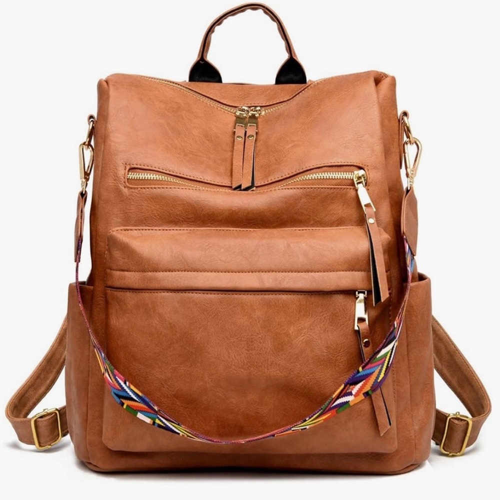 Elegant Tan Backpack with Multicolor Strap